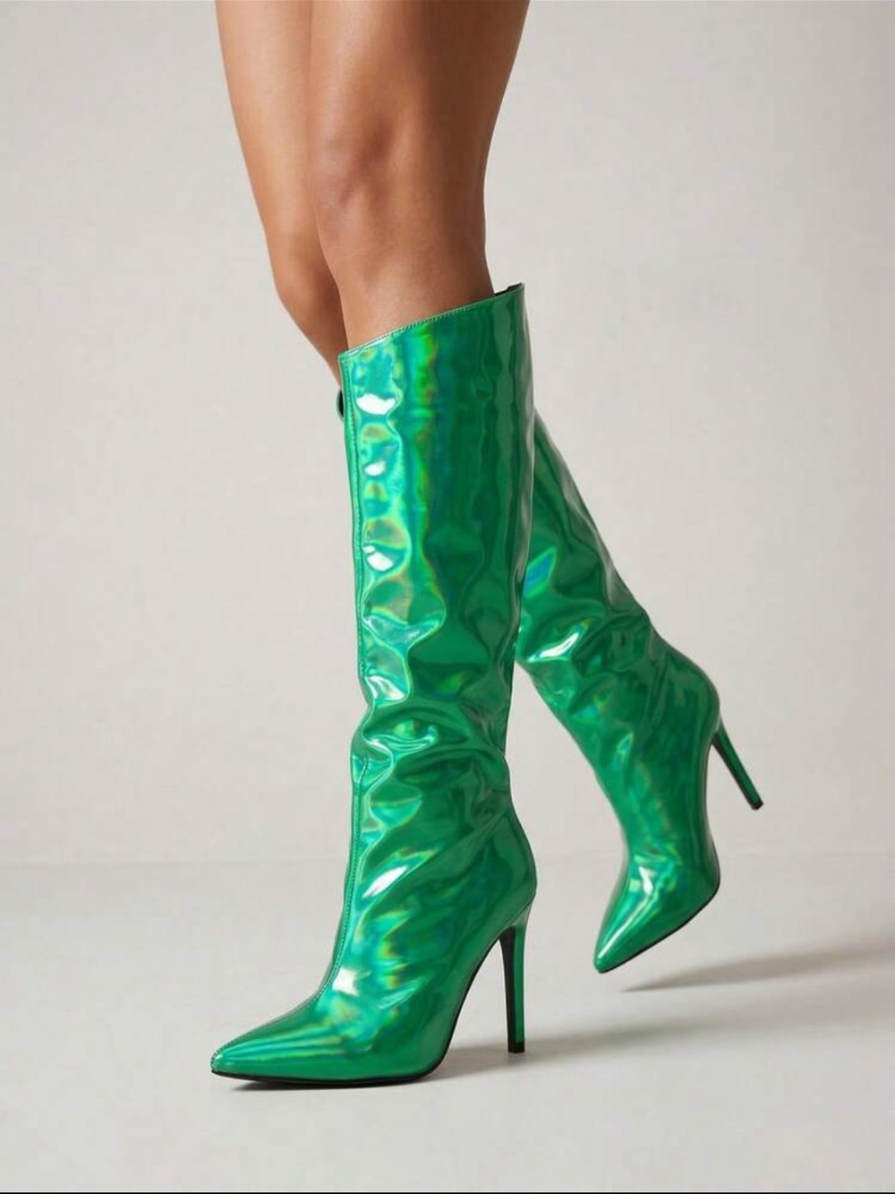 Size 7.5 green holographic stiletto boots